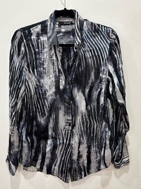 The Kooples Black and White Abstract Print Silk Button-Down Shirt